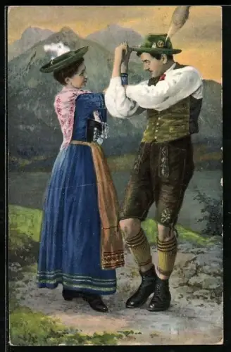 AK Ein Pärchen beim Schuhplattler in bayrischen Trachten