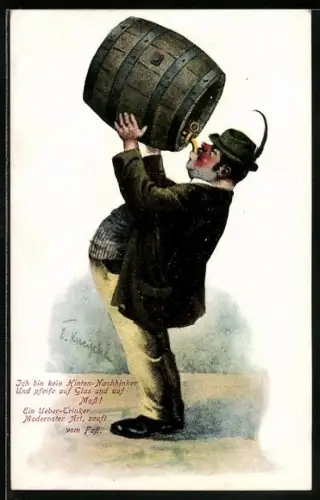 Künstler-AK Mann trinkt direkt aus einem Bierfass