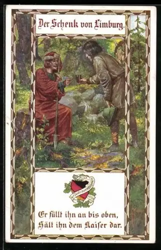 Künstler-AK Franz Kuderna: Der Schenk von Limburg, Kaiser erhält einen Becher Wasser angeboten