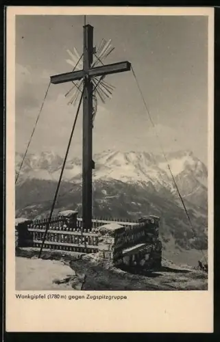 AK Wankgipfel gegen Zugspitzgruppe mit Gipfelkreuz