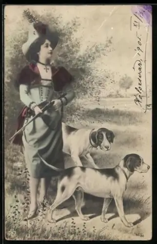 AK Jägerin mit zwei Hunden, Montage