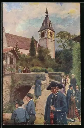 Künstler-AK H. Hoffmann: Bad-Liebenzell / Schwarzwald, Sonntag's mit Kirche und Kirchgängern