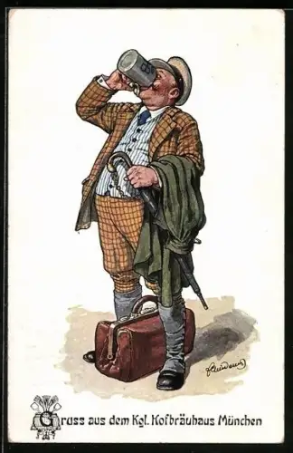 Künstler-AK sign.: Quidenus: Reisender trinkt Bier aus dem Hofbräuhaus München