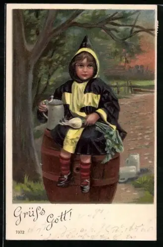 AK Münchner Kindl sitzt auf dem Bierfass mit Massbier und Radi