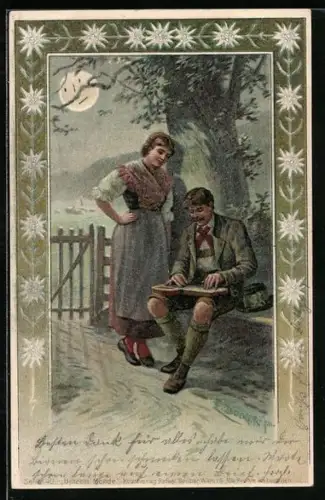 Künstler-AK E. Döcker: Liebespaar im Garten, Mann spielt Zitter, Frau hört seiner Musik zu