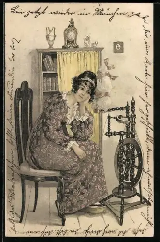 Künstler-AK Theo Stroefer: Frau sitzt nachdenklich vor ihrem Spinnrad