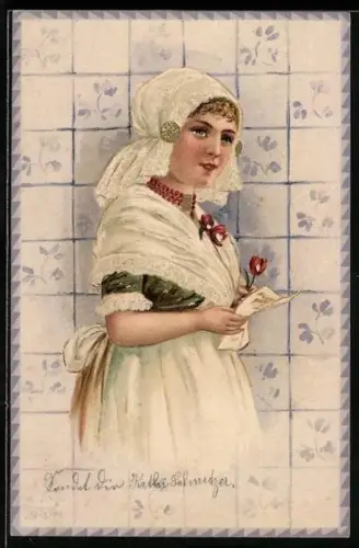 AK Holländerin mit Blume und Brief