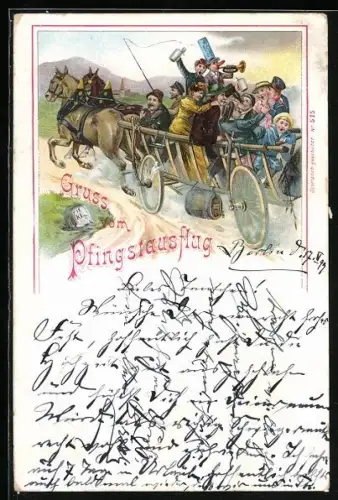 Lithographie Ausflügler in einem Pferdekarren zu Pfingsten