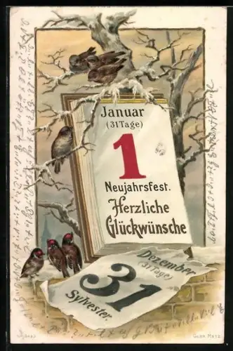 Lithographie Kleine Vögel auf verschneitem Baum, Kalenderblatt 1. Januar