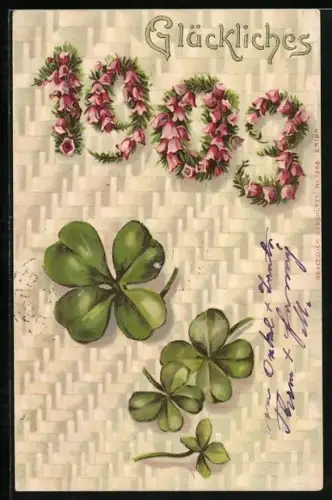 Lithographie Blumen bilden die Jahreszahl 1903, Neujahrsgruss mit Klee