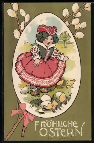 Präge-AK Mädchen mit schlüpfenden Osterküken im Ei-Passepartout, Fröhliche Ostern