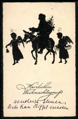 Künstler-AK Zwei Weihnachtsengel bringen mit dem Weihnachtsmann Geschenke