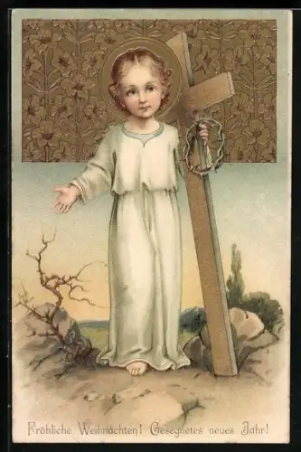 Künstler-AK Jesuskind mit Kreuz und Dornenkrone, Fröhliche Weihnachten