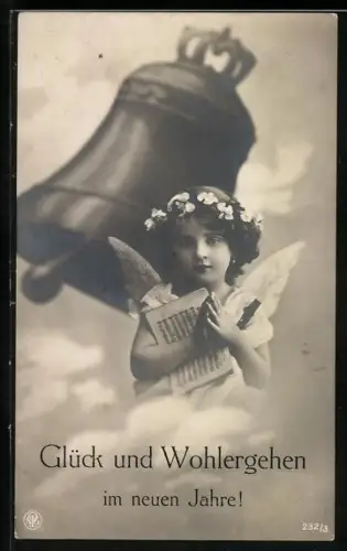 AK Neujahrsengel mit Liedtext und Glocke im Himmel