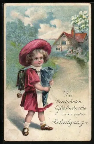 Künstler-AK Mädchen mit Hut und Schultüte auf dem Weg zum ersten Schultag