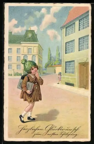Künstler-AK Kleines Mädchen mit Buch unter dem Arm vor der Schule