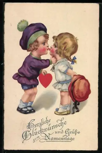 Künstler-AK Zwei Kinder küssen sich, Glückwünsche zum Namenstag