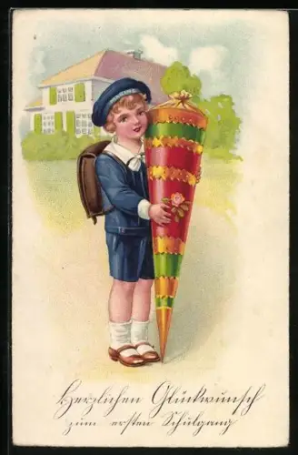 Künstler-AK Junge im Matrosenanzug mit Schulranzen und riesiger Schultüte