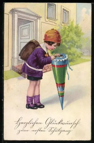 Künstler-AK Mädchen schaut in ihre Schultüte zum Schulanfang