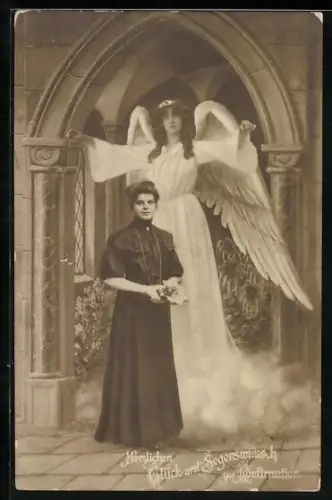 AK Schutzengel mit einem Mädchen, Segenswunsch zur Konfirmation