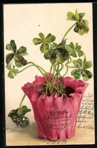 Künstler-AK Klee in einem Topf, Herzlichen Glückwunsch zum Geburtstag