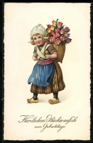 AK Mädchen trägt einen Korb voller Tulpen auf dem Rücken, Herzlichen Glückwunsch zum Geburtstag