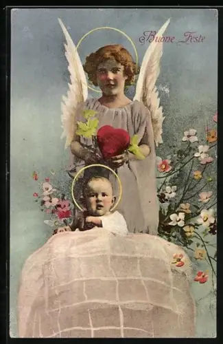 AK Weihnachtsengel mit einem Herz und Blumen, Baby mit Heiligenschein, Buone Feste