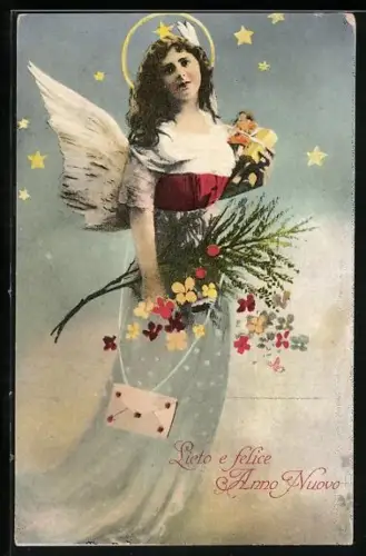 AK Weihnachtsengel mit Blumen und Brief, Lieto e felice Anno Nuovo