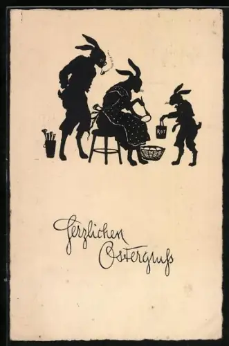 Künstler-AK Osterhasenfamilie bemalt Eier, Herzlichen Ostergruss