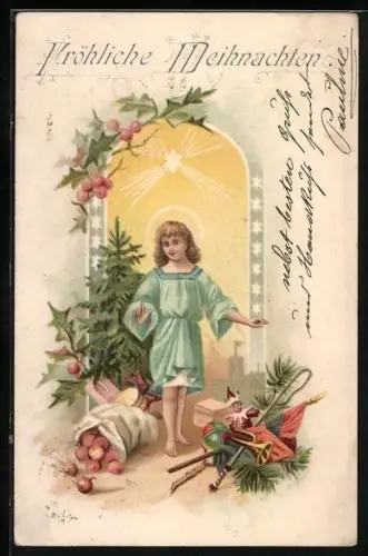 Lithographie Jesuskind mit Geschenken und Tannenbaum