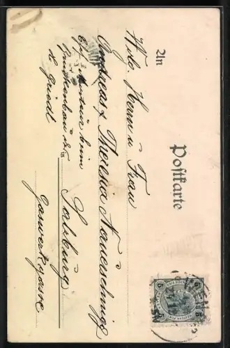 Lithographie Jesuskind mit Geschenken und Tannenbaum