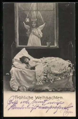 AK Weihnachtsengel wacht über ein schlafendes Kind