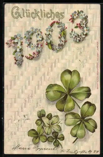 Lithographie Glückliches 1903, Jahreszahl aus Vergissmeinnicht, Glücksklee