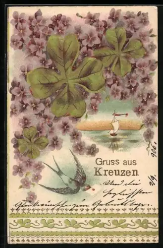 Präge-AK Schwalbe mit Brief und Kleeblättern, Gruss aus Kreuzen