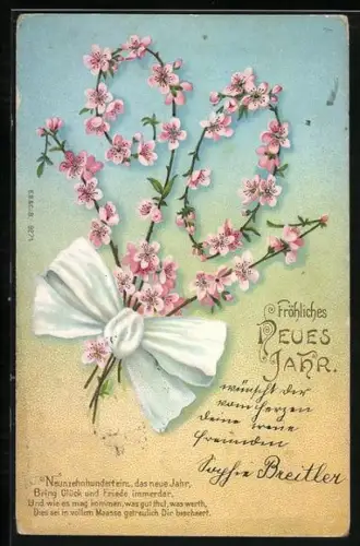 Lithographie Neujahrsgruss, Jahreszahl 1901 aus blühenden Zweigen