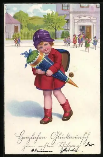 Künstler-AK Mädchen mit Schultüte auf dem Schulhof