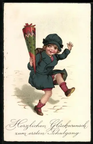 Künstler-AK Herzlichen Glückwunsch zum ersten Schulgang, Mädchen im blauen Mantel winkt mit Zuckertüte