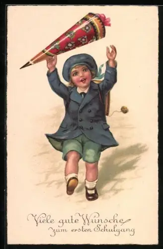 Künstler-AK Glückwunsch zum ersten Schulgang, Mädchen mit Zuckertüte