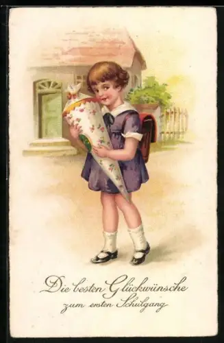 Künstler-AK Glückwünsche zum ersten Schulgang, Mädchen mit Zuckertüte