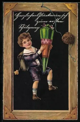 Künstler-AK Junge mit Schultüte vor einer Tafel