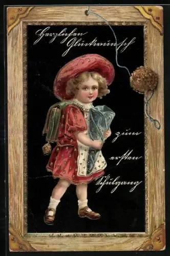 Künstler-AK Schulanfang, Schiefertafel mit Schwamm, Mädchen mit Schultüte
