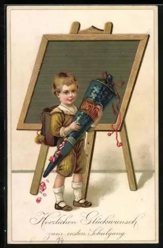 Künstler-AK Kleiner Junge hat zum Schulanfang eine grosse Schultüte bekommen