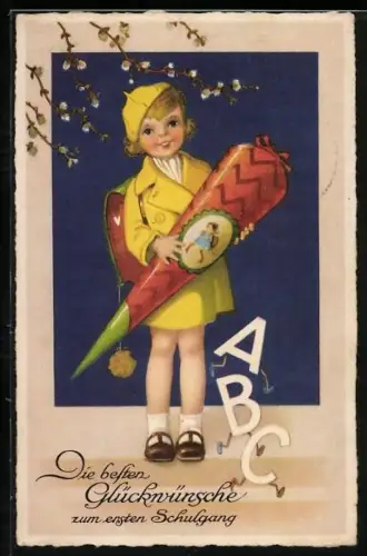 Künstler-AK Zum ersten Schulgang die besten Glückwünsche, Mädchen mit Zuckertüte