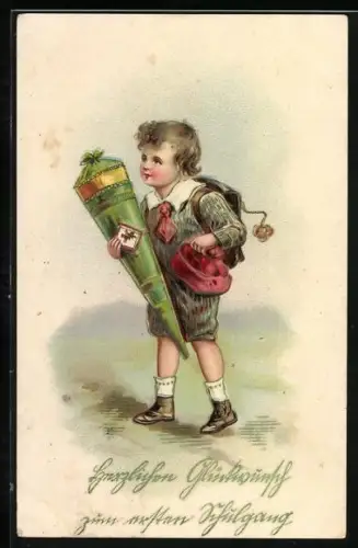 Künstler-AK Junge mit Ranzen und Schultüte