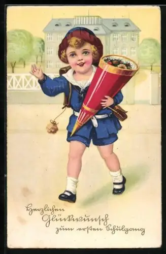 Künstler-AK Glückwünsche zum Schulanfang, Mädchen mit Schultüte winkt