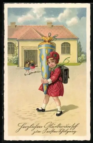 Künstler-AK Junges Mädchen mit einer grossen Schultüte