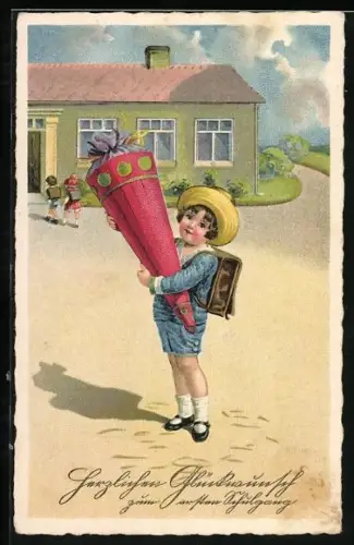 Künstler-AK Glückwunsch zum Schulanfang, Kind mit Zuckertüte vor der Schule