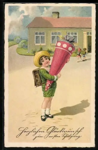 Künstler-AK Kind mit grosser Schultüte und Tornister, Schulanfang