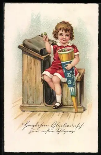Künstler-AK Junges Mädchen an Schulbank mit Schultüte