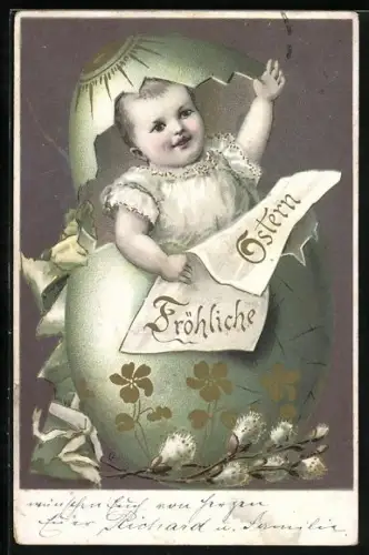 Künstler-AK Fröhliche Ostern, Kind schlüpft aus einem Osterei
